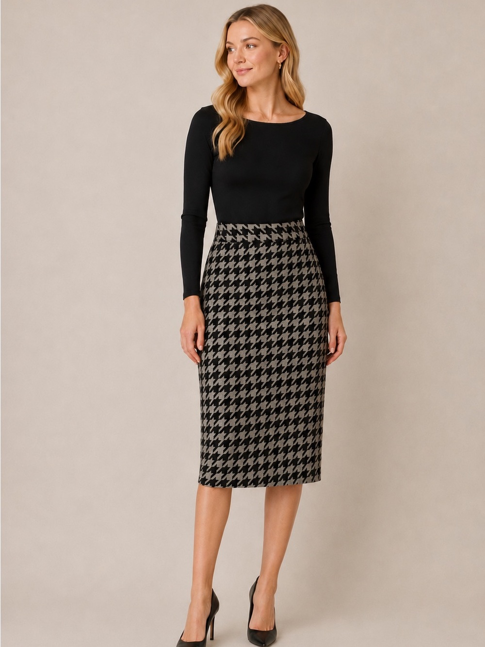 High-Waist Houndstooth Midi Skirt in Black and Gray